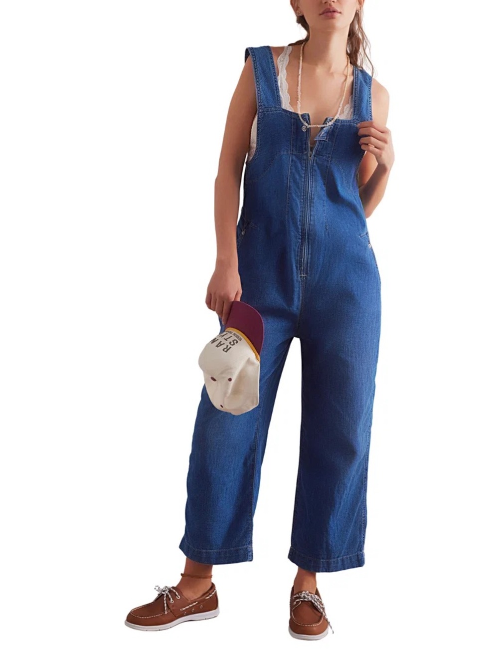 Free People Hey Jude Blue Zip-Front Wide-Leg Denim Overalls